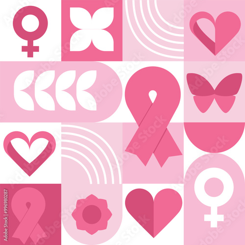 Breast Cancer awareness banner illustration. Pink October month female healthcare campaign solidarity. Modern geometric seamless pattern. Vector concept minimalist design.