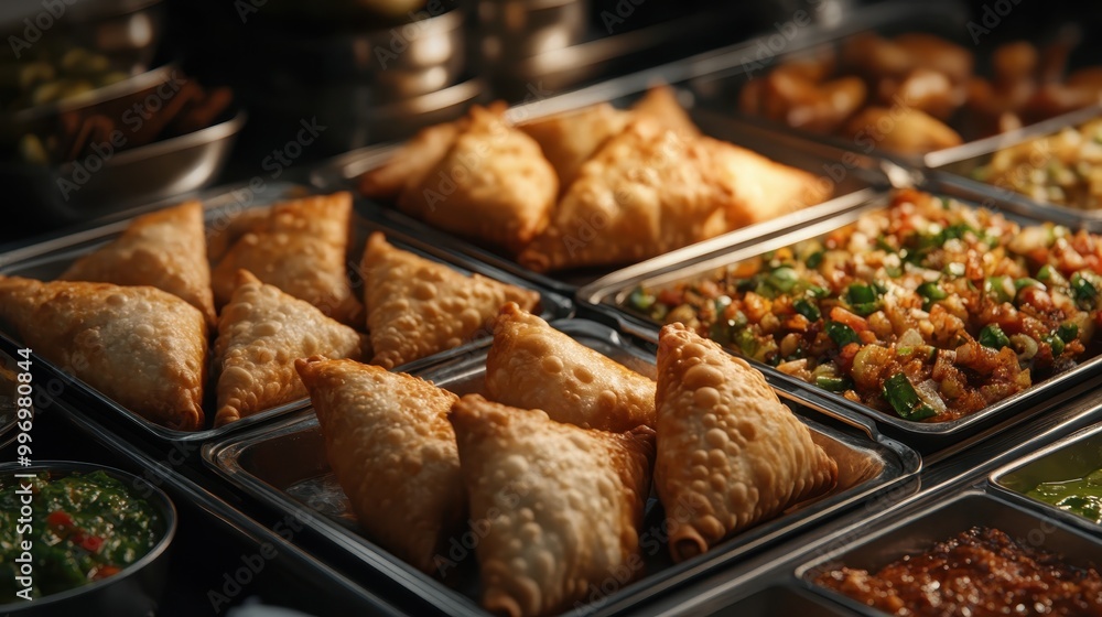 A close-up view of a buffet setup featuring golden-brown samosas and a variety of vegetable dishes, capturing the richness and diversity of the cuisine on display. A close-up view of a buffet setup featuring golden-brown samosas and a variety of vegetable dishes, capturing the richness and diversity of the cuisine on display.