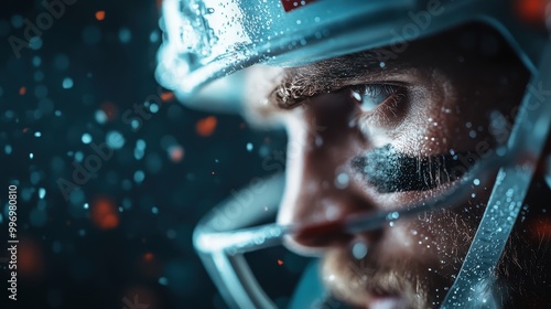 Detailed close-up of a chrome helmet adorned with water droplets, representing modern sports equipment and the precision of contemporary design. Ideal for active lifestyle themes. photo