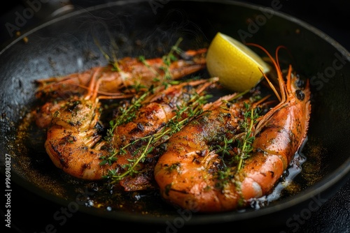 Grilled large shrimps (tiger) cooked in a frying pan with spices, herbs and lemon on a dark background - generative ai