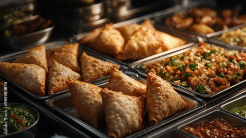 A close-up view of a buffet setup featuring golden-brown samosas and a variety of vegetable dishes, capturing the richness and diversity of the cuisine on display.