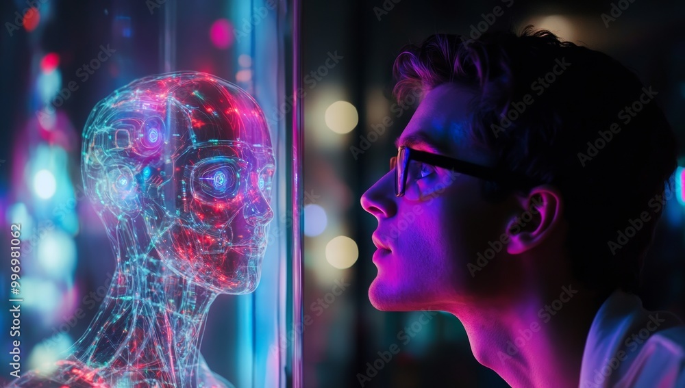 Person talking with robotic stock. Concepts of machine learning or futuristic technology. Generational stock technologies Person talking with robotic stock. Concepts of machine learning or futuristic technology. Generational stock technologies