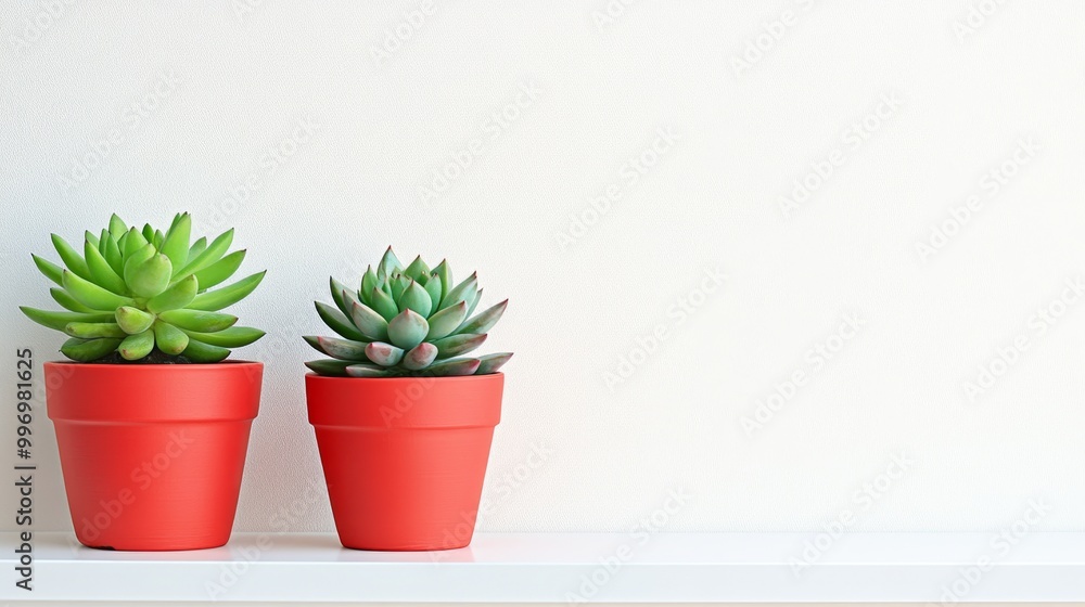 Two colorful succulents, one green and one red, sit in cute terracotta pots on a white shelf against a plain white wall. There's lots of room for text. Two colorful succulents, one green and one red, sit in cute terracotta pots on a white shelf against a plain white wall. There's lots of room for text.