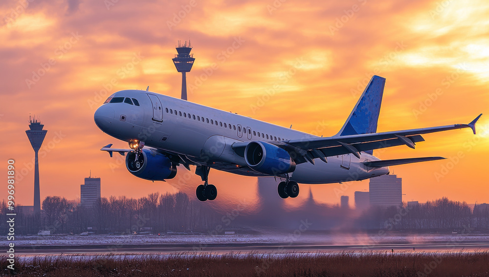 Airbus A320 taking off airport during a stunning sunset with control tower in the background Airbus A320 taking off airport during a stunning sunset with control tower in the background