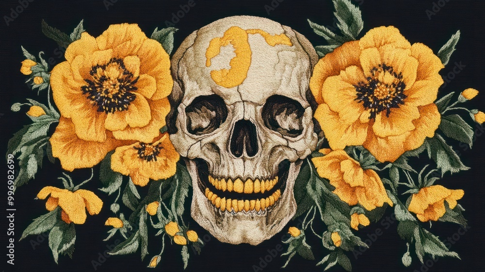 Embroidery human skull and yellow peones. flowers. Fashion clothes template and t-shirt design. Dark gothic art. Halloween art. Medieval style Embroidery human skull and yellow peones. flowers. Fashion clothes template and t-shirt design. Dark gothic art. Halloween art. Medieval style