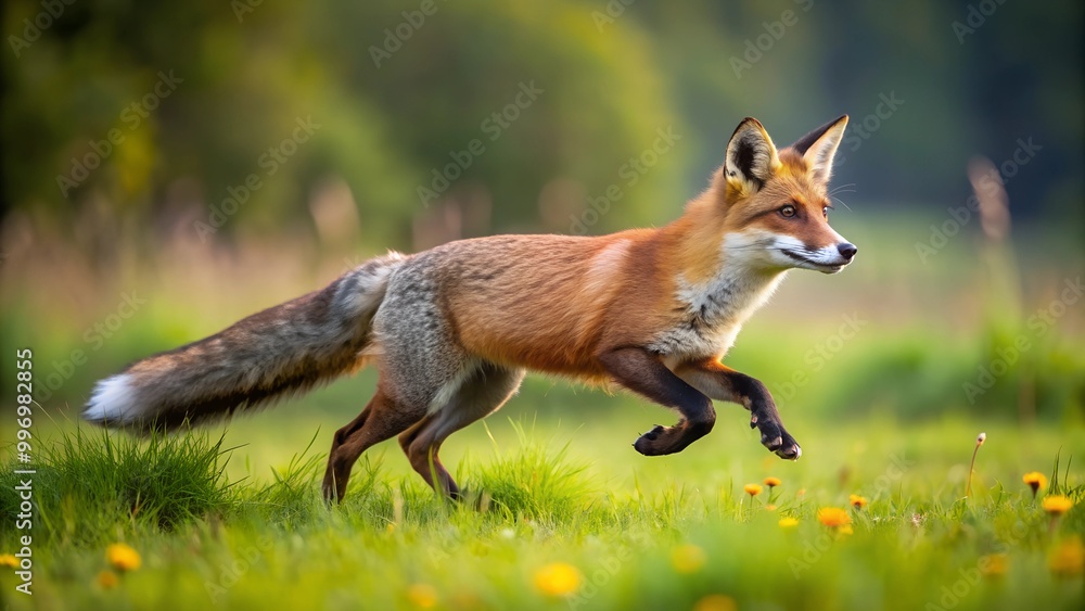 Fototapeta premium the fox in the meadow runs quickly on the grass