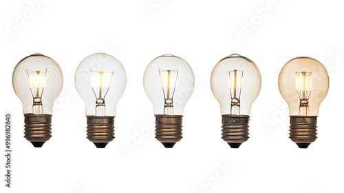 Five incandescent light bulbs of varying brightness lined up horizontally against a white background.