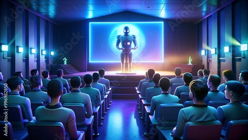 futuristic presentation with a robot speaker in the hall