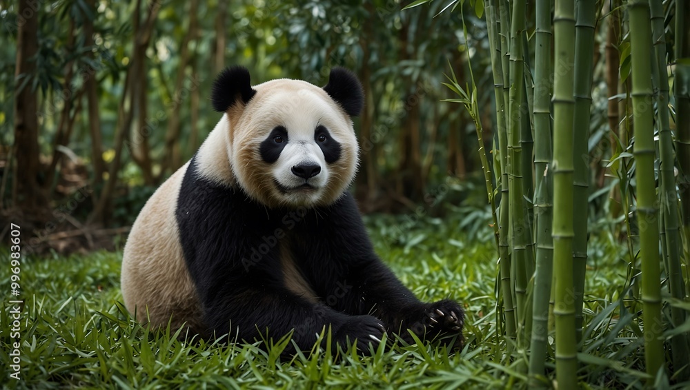 Panda nestled in green bamboo, peacefully resting. Panda nestled in green bamboo, peacefully resting.