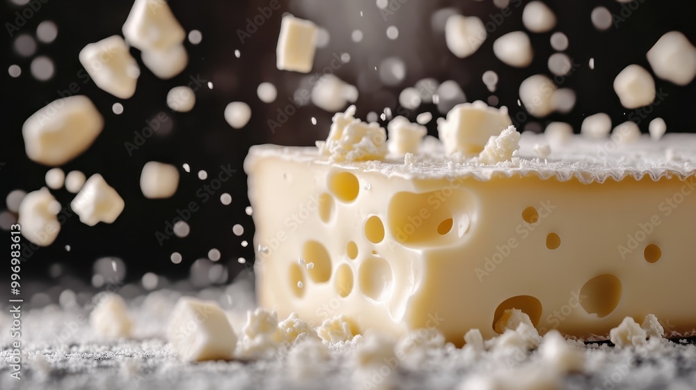 A beautiful scene with soft cheese full of holes crumbling, suspended in midair emphasizing the texture and quality, ideal for food photography and culinary art. A beautiful scene with soft cheese full of holes crumbling, suspended in midair emphasizing the texture and quality, ideal for food photography and culinary art.
