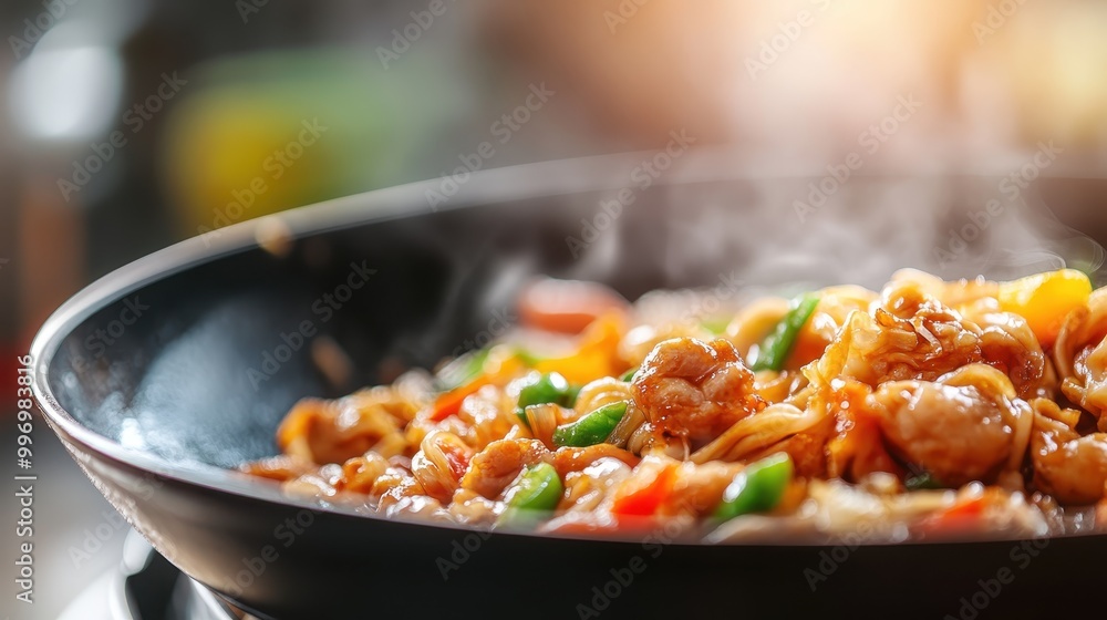 The image shows a close-up of a wok filled with steaming stir fry, including vibrant vegetables and juicy meat, depicting the essence of culinary art and delicious home cooking. The image shows a close-up of a wok filled with steaming stir fry, including vibrant vegetables and juicy meat, depicting the essence of culinary art and delicious home cooking.