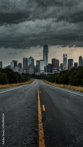 Panoramic view of an empty road leading to a city skyline.