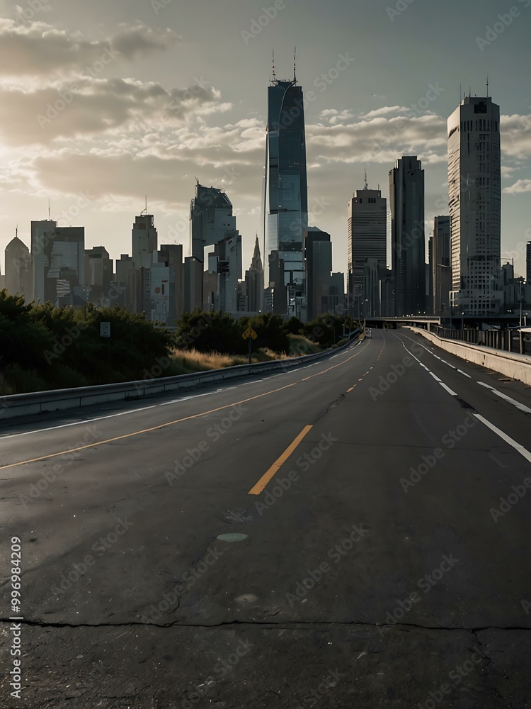 Panoramic view of an empty road towards a city skyline. Panoramic view of an empty road towards a city skyline.