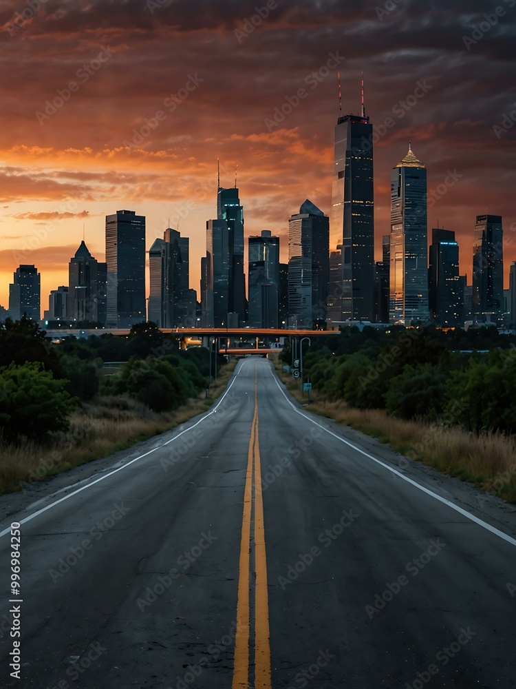 Panoramic view of an empty road towards a city skyline. Panoramic view of an empty road towards a city skyline.