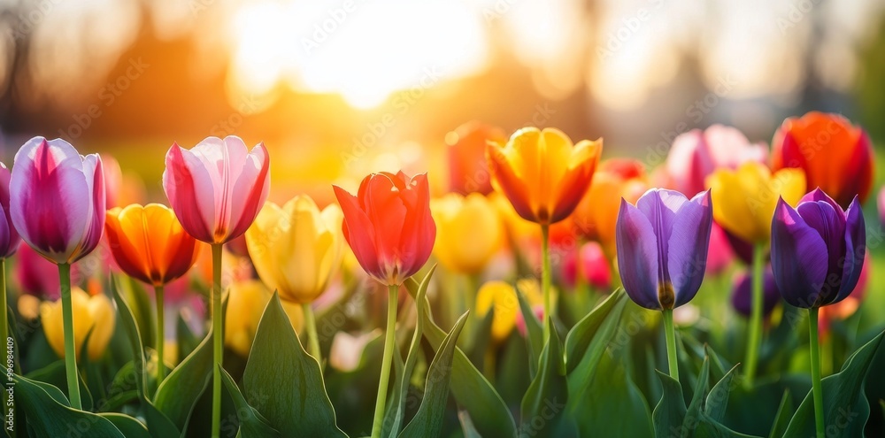 Multicolored fantasy tulip flower blooming in a garden alongside a landscape meadow and mountain backdrop. Generative stock. Multicolored fantasy tulip flower blooming in a garden alongside a landscape meadow and mountain backdrop. Generative stock.