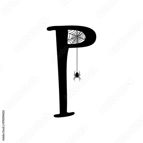 Logo con letra inicial P con tela de araña y araña colgando para tarjetas y felicitaciones de Halloween
