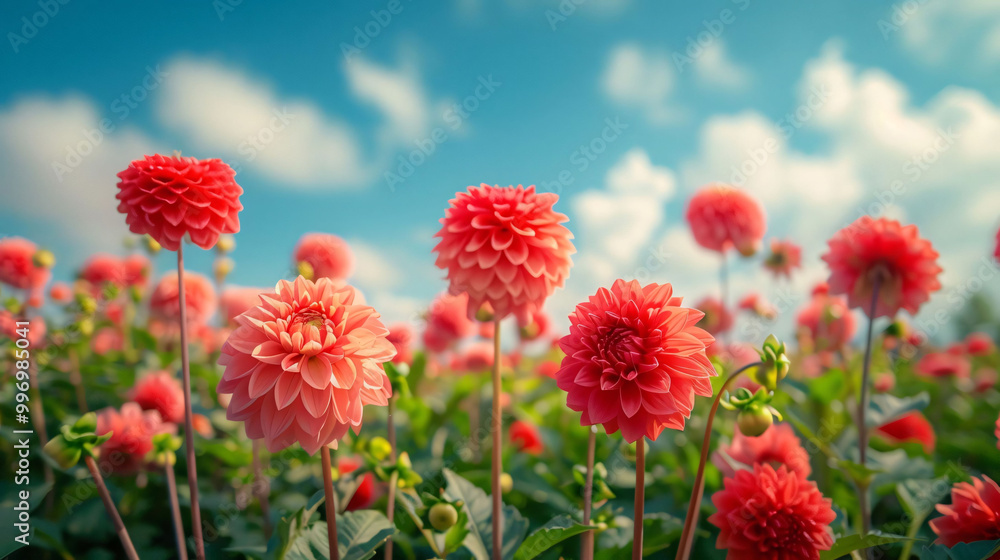Dahlia flowers blooming under clear blue sky Dahlia flowers blooming under clear blue sky
