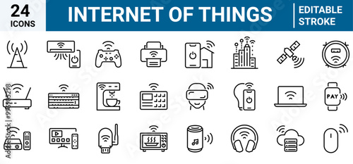 Internet of things web line icons. such as surveillance, sensor, IoT. Artificial Intelligence. Set vector line icons with open path internet of things and smart gadgets. Vector illustration.
