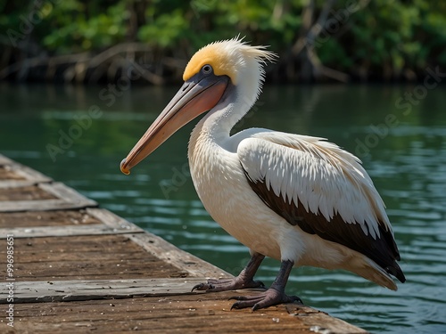 Pelican sitting on a pier with a mangrove forest in the background.