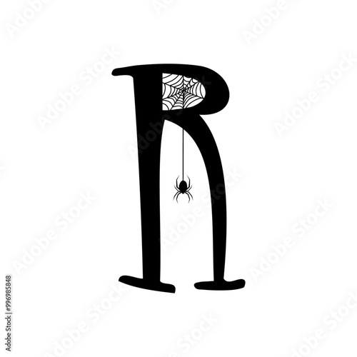 Logo con letra inicial R con tela de araña y araña colgando para tarjetas y felicitaciones de Halloween