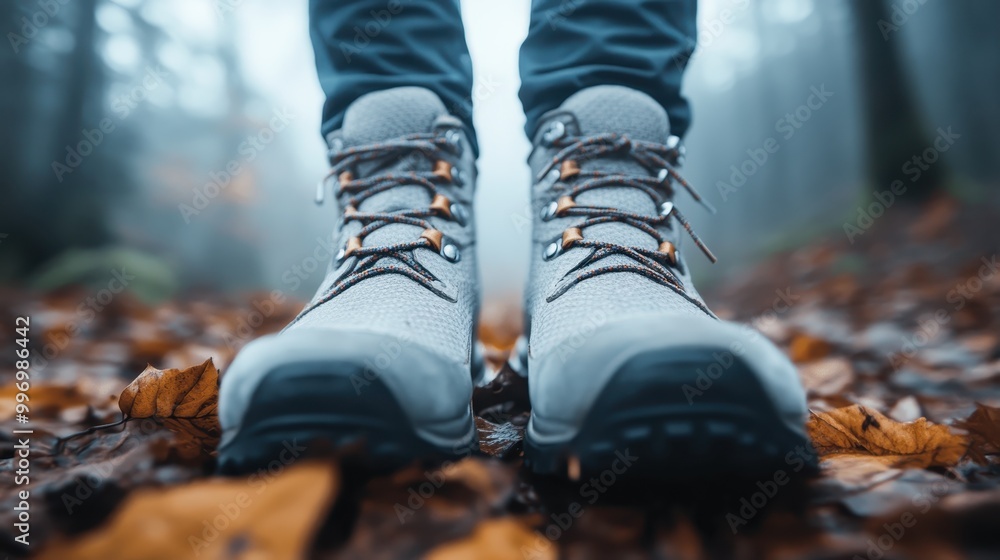 A detailed image showcasing the feet of a person clad in hiking boots standing on a trail covered with fallen, brown leaves within a foggy forest setting, emphasizing outdoor adventure. A detailed image showcasing the feet of a person clad in hiking boots standing on a trail covered with fallen, brown leaves within a foggy forest setting, emphasizing outdoor adventure.