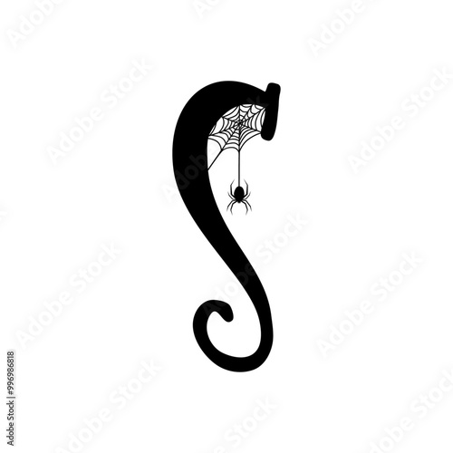 Logo con letra inicial S con tela de araña y araña colgando para tarjetas y felicitaciones de Halloween