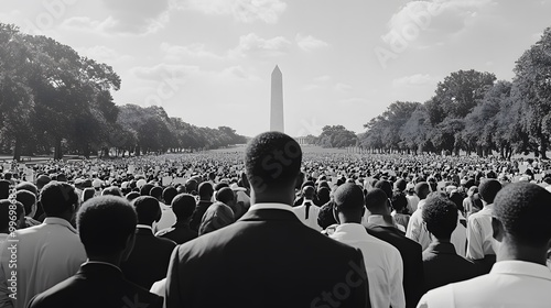 Large gathering of individuals, predominantly African American, facing the Washington Monument in a powerful, symbolic scene. photo