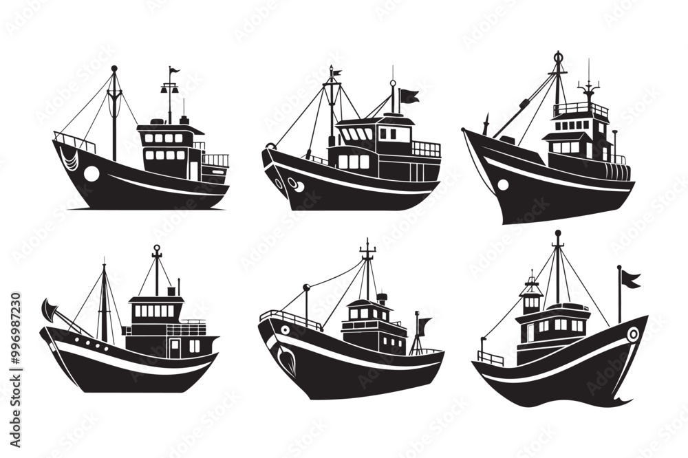 Obraz premium Fishing Boat silhouette vector illustration, Fishing Boat silhouette vector 