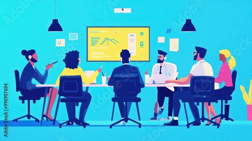 Minimalist vector illustration of a group of business colleagues brainstorming ideas via video conference.