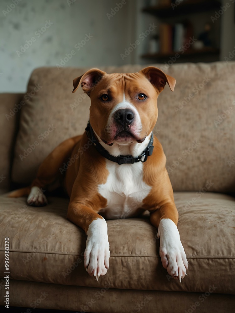 Pitbull mutt sitting on a couch. Pitbull mutt sitting on a couch.