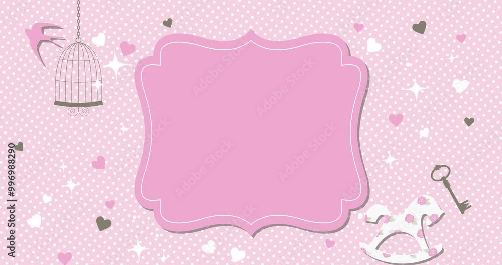 Frame without text on a colorful speech bubble moving on a pink background with a childish decor. Invitation, mailing, video for a baby shower, gender reveal, newborn or baby party... Frame without text on a colorful speech bubble moving on a pink background with a childish decor. Invitation, mailing, video for a baby shower, gender reveal, newborn or baby party...