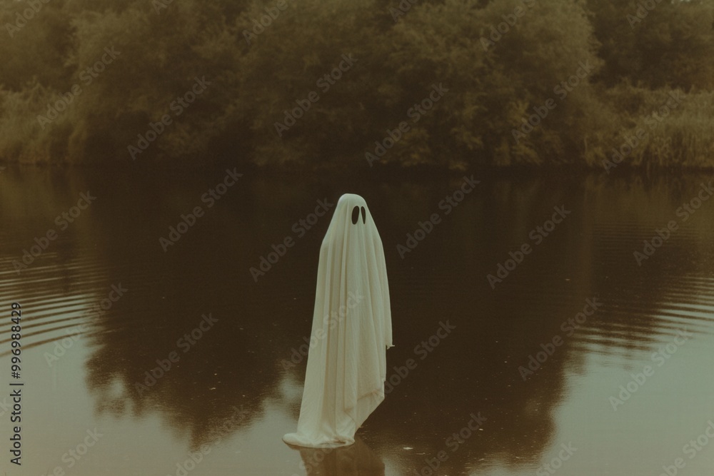Ghostly figure by a lake at dusk Ghostly figure by a lake at dusk