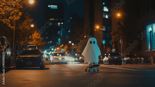 Ghost on a skateboard in a city street at night photo