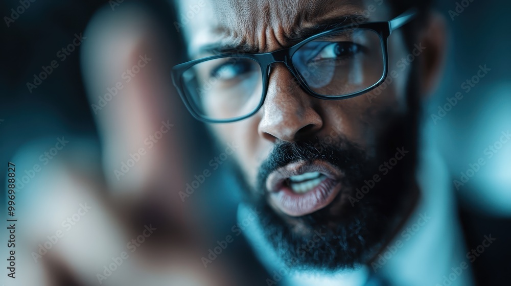 A bearded man wearing glasses points his finger forward with an intense expression on his face, capturing a strong moment in a dynamic portrait style. A bearded man wearing glasses points his finger forward with an intense expression on his face, capturing a strong moment in a dynamic portrait style.