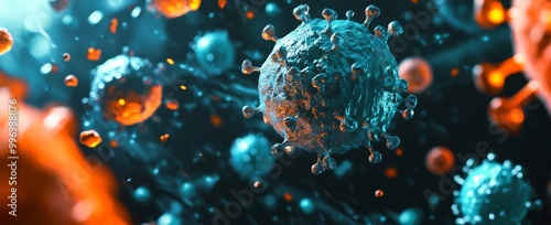 The attack of antigens on the body using 3D illustration. A viral infection under the microscope. Antibodies and viral infection. Immune defense of the body. photo