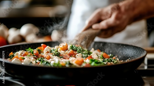 A vibrant scene of a dish being prepared in a pan, with the chef sprinkling seasoned spices over colorful vegetables, capturing the essence of cooking and flavor.