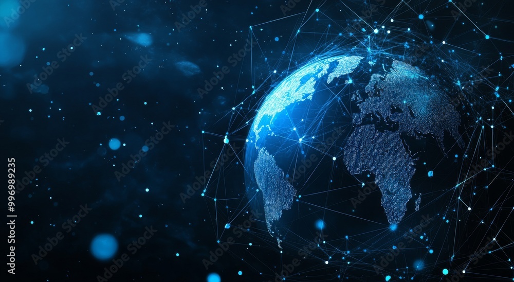 Naklejka premium A hologram of a planet with satellites orbiting it, a 3D illustration of data analytics and corporate logistics, and business strategy. Internet technologies and virtual reality.