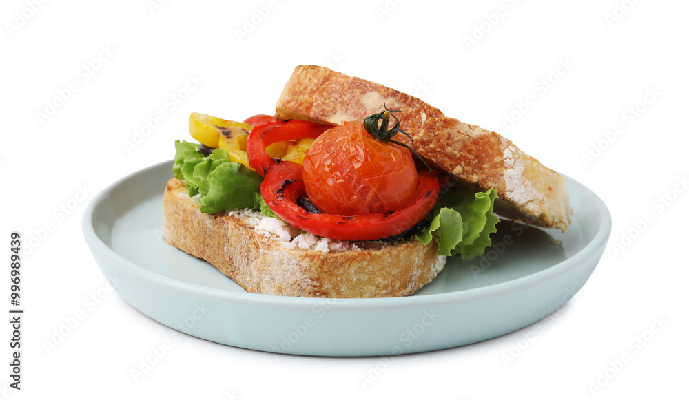 Tasty sandwich with grilled vegetables and cream cheese isolated on white Tasty sandwich with grilled vegetables and cream cheese isolated on white