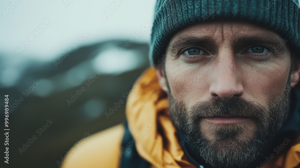 A focused man with a rugged jacket and beanie looks sternly into the camera, surrounded by snowy mountains. His expression shows determination and resilience. A focused man with a rugged jacket and beanie looks sternly into the camera, surrounded by snowy mountains. His expression shows determination and resilience.