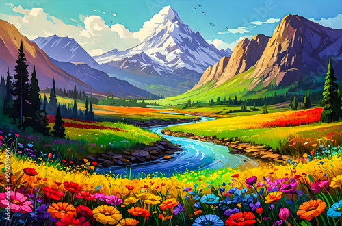 landscape with flowers watercolor vector art illustration on a white background. 