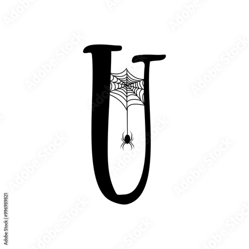 Logo con letra inicial U con tela de araña y araña colgando para tarjetas y felicitaciones de Halloween