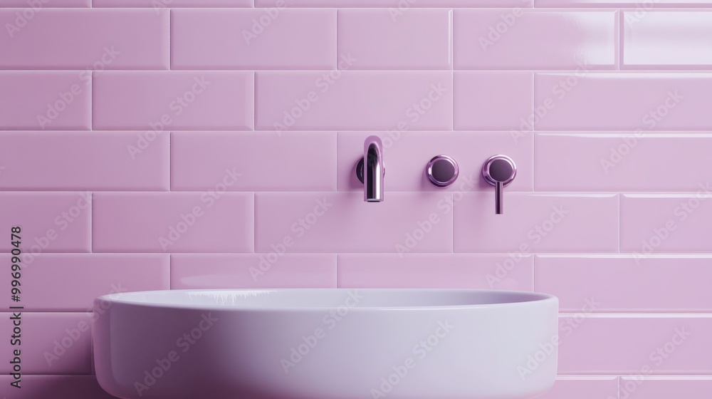 A contemporary bathroom featuring a wall with pink tiles, a white sink, and modern fittings, radiating a clean and stylish aesthetic with a touch of elegance. A contemporary bathroom featuring a wall with pink tiles, a white sink, and modern fittings, radiating a clean and stylish aesthetic with a touch of elegance.
