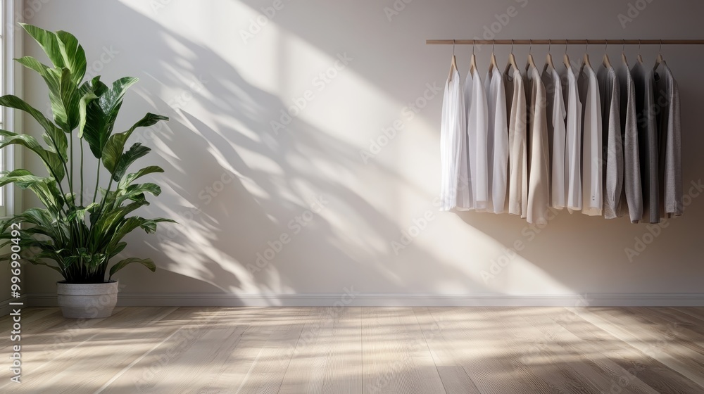 A sunlit minimalist closet in neutral tones features neatly hung clothing and a potted plant, creating a serene environment with emphasis on simplicity and order. A sunlit minimalist closet in neutral tones features neatly hung clothing and a potted plant, creating a serene environment with emphasis on simplicity and order.