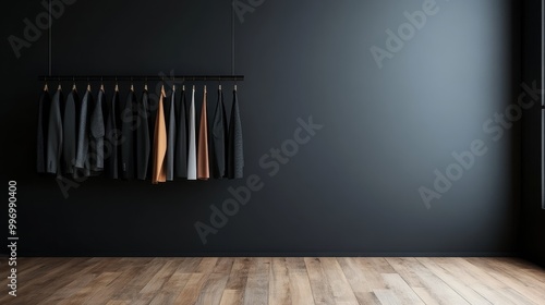 A minimalist, dark-themed closet features an elegant array of neatly hung clothing, embodying sophistication, order, and modern design aesthetics. photo