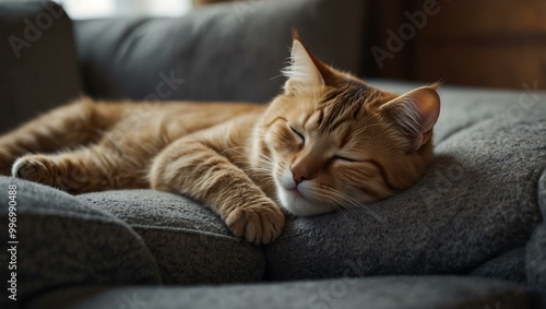 Portrait of a cozy cat sleeping on a sofa.