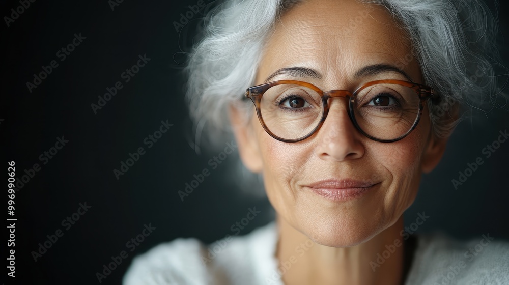 A close-up portrait of a sophisticated woman with gray hair and glasses, conveying a sense of wisdom, contemplation, and inner peace against a dark background. A close-up portrait of a sophisticated woman with gray hair and glasses, conveying a sense of wisdom, contemplation, and inner peace against a dark background.