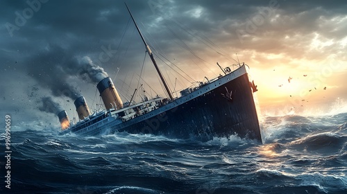 Historical ship sinking in turbulent waters at sunset, smoke billows from its stacks creating a dramatic scene.