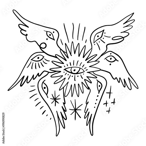 Bible accurate angel vector illustration clipart. Hand-drawn Seraphim print for tattoo, sticker and more.