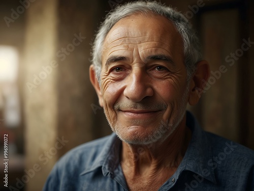 Portrait of a smiling elderly Israeli man, ultra-realistic.