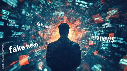 a man in a stream of information, among which the inscriptions 